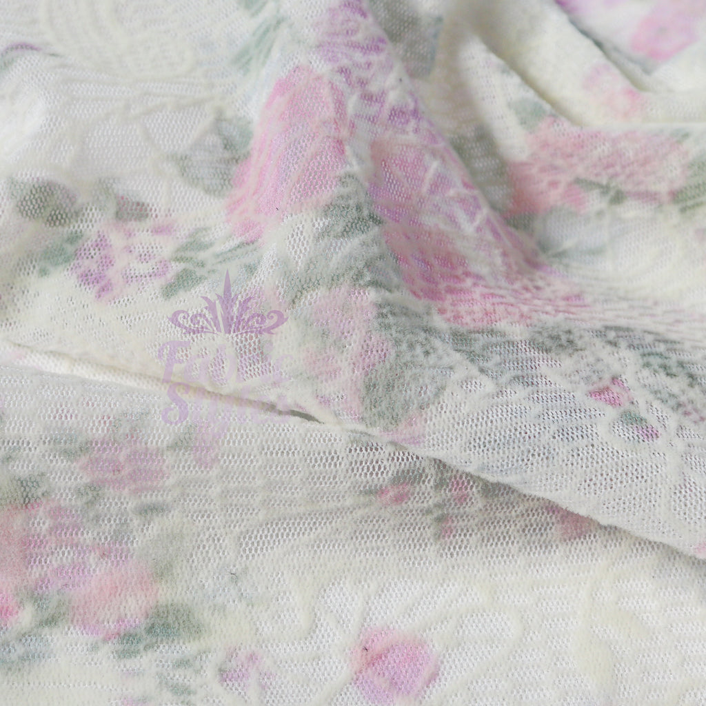 Pink Floral Flock Mesh Stretch Fabric