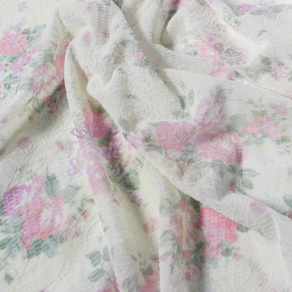 Pink Floral Flock Mesh Stretch Fabric