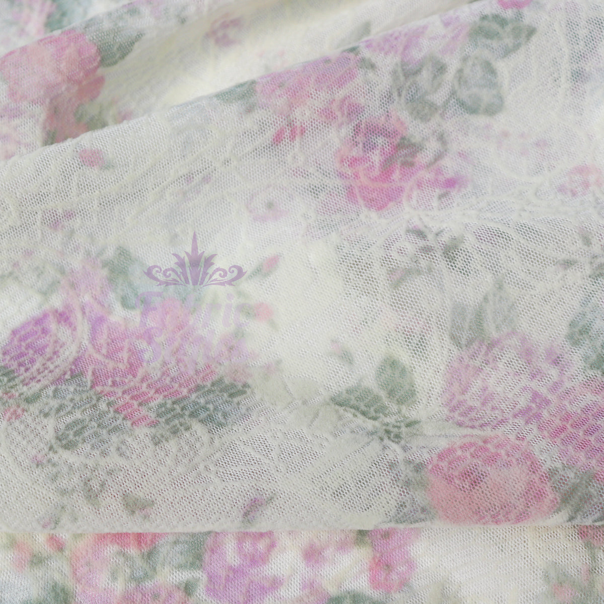 Pink Floral Flock Mesh Stretch Fabric