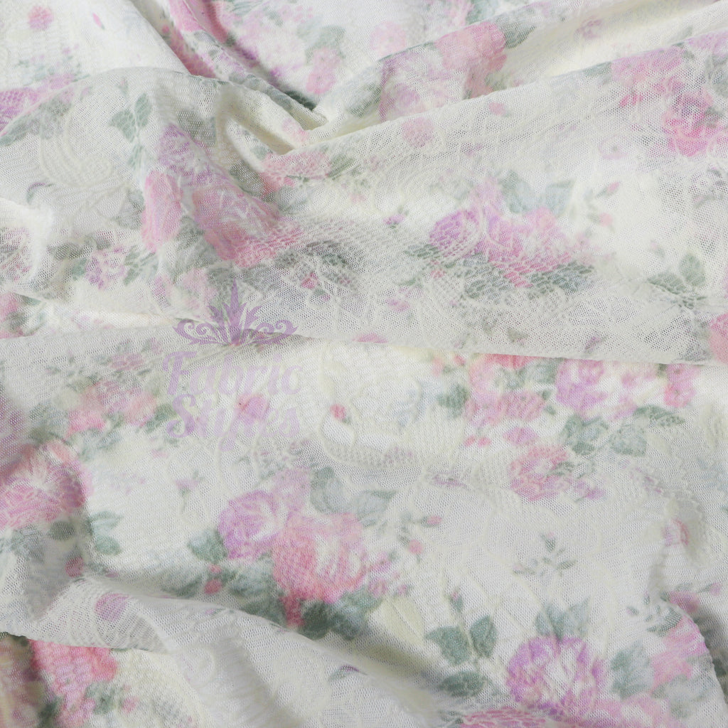 Pink Floral Flock Mesh Stretch Fabric