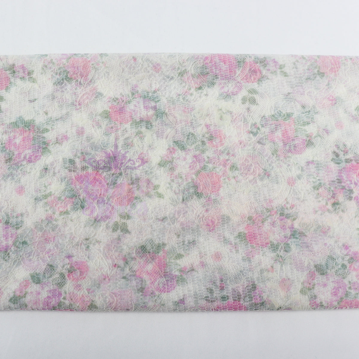 Pink Floral Flock Mesh Stretch Fabric