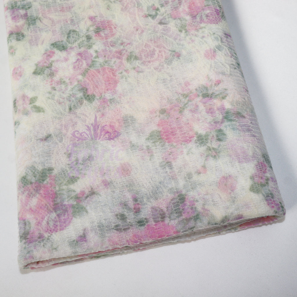 Pink Floral Flock Mesh Stretch Fabric