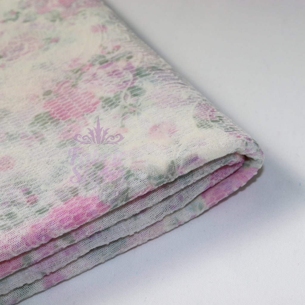 Pink Floral Flock Mesh Stretch Fabric
