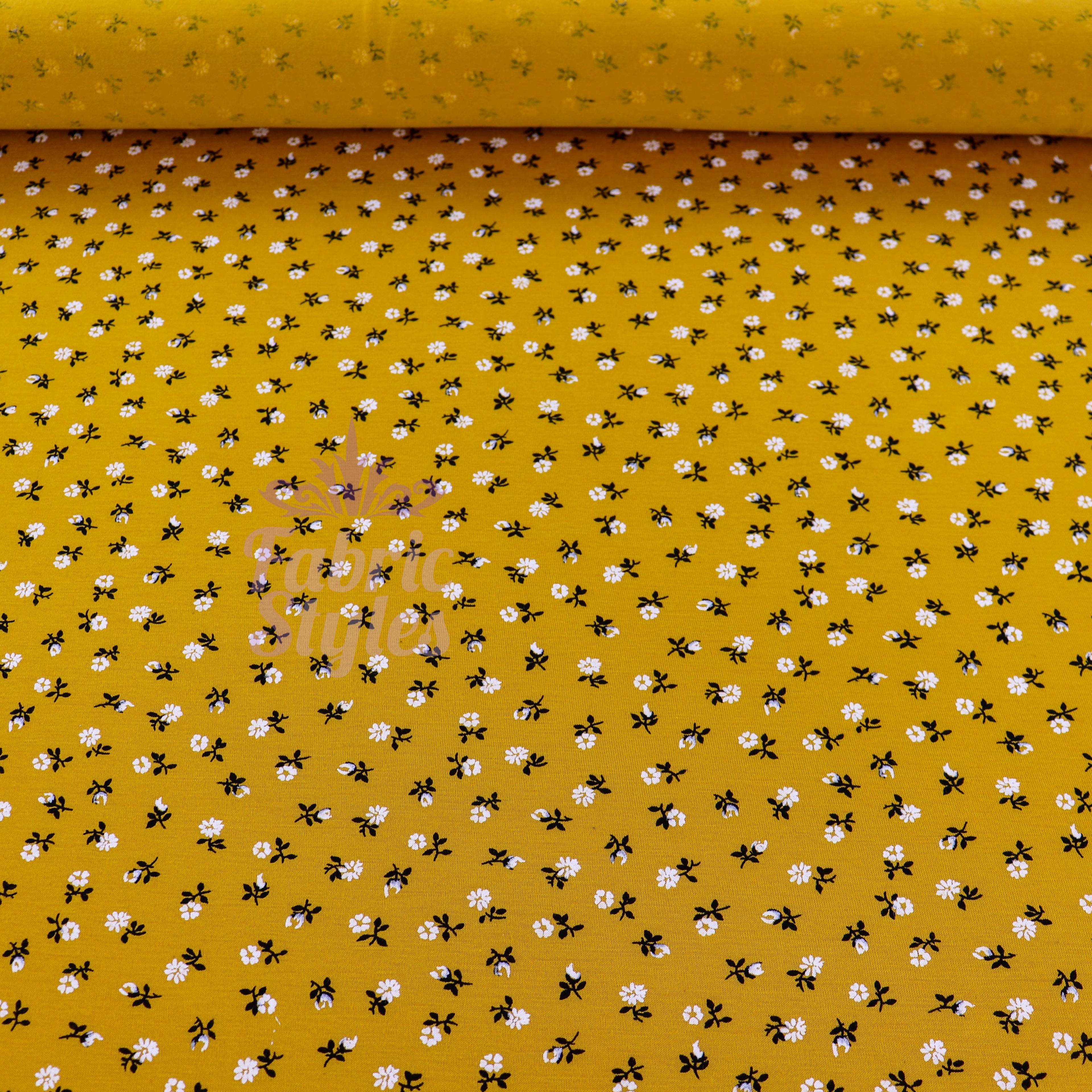 Mustard Ditsy Floral Fabric Viscose Elastane Fabric
