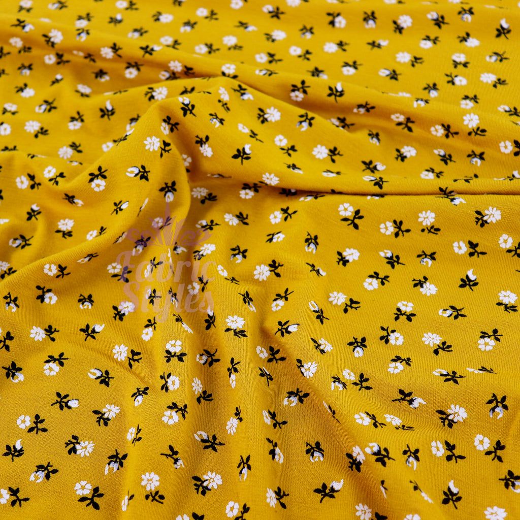 Mustard Ditsy Floral Fabric Viscose Elastane Fabric