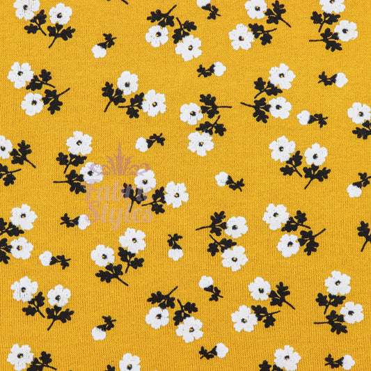 Mustard Ditsy Black White Floral Viscose Elastane Fabric
