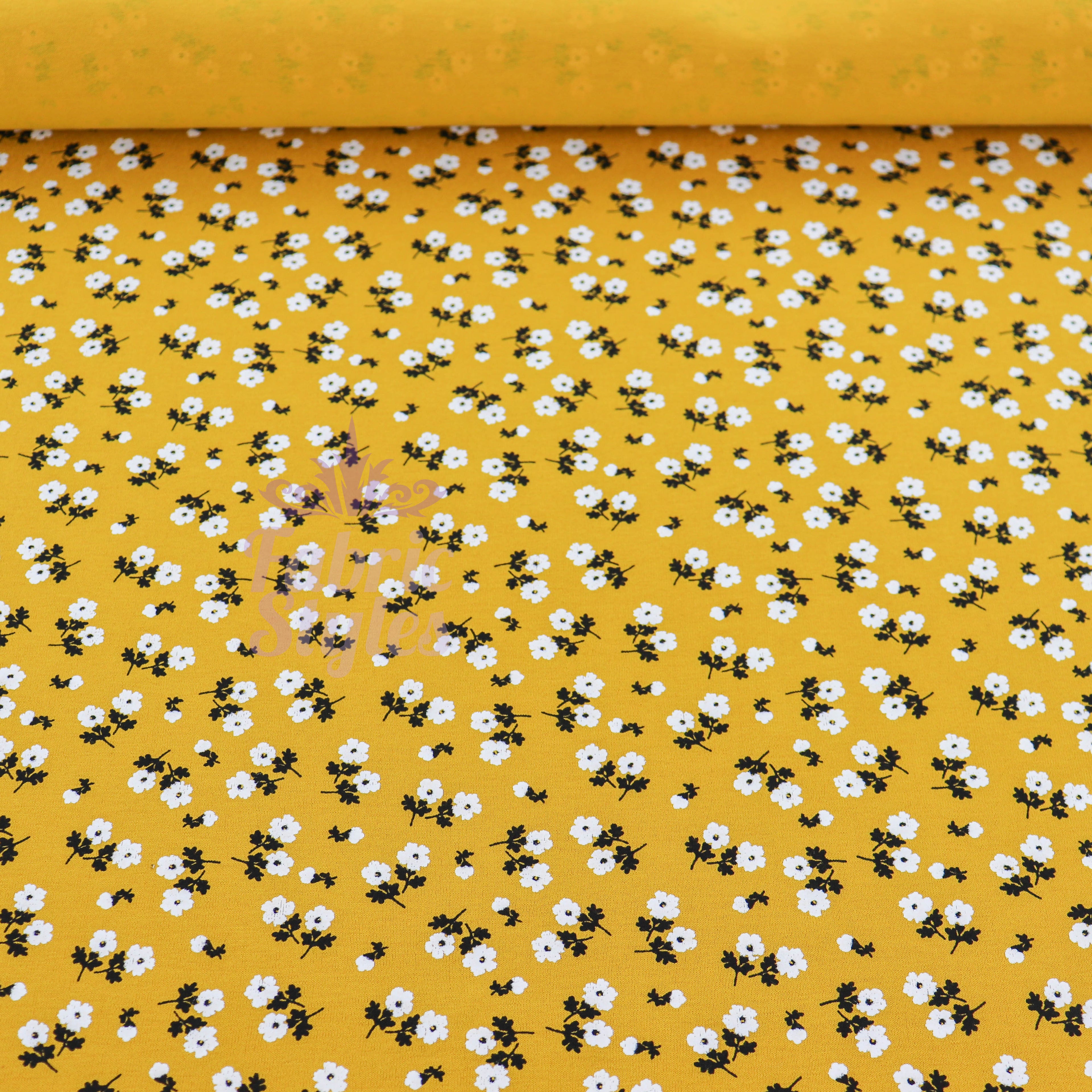 Mustard Ditsy Black White Floral Viscose Elastane Fabric