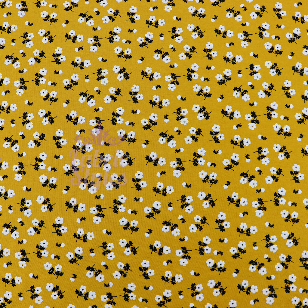 Mustard Ditsy Black White Floral Viscose Elastane Fabric