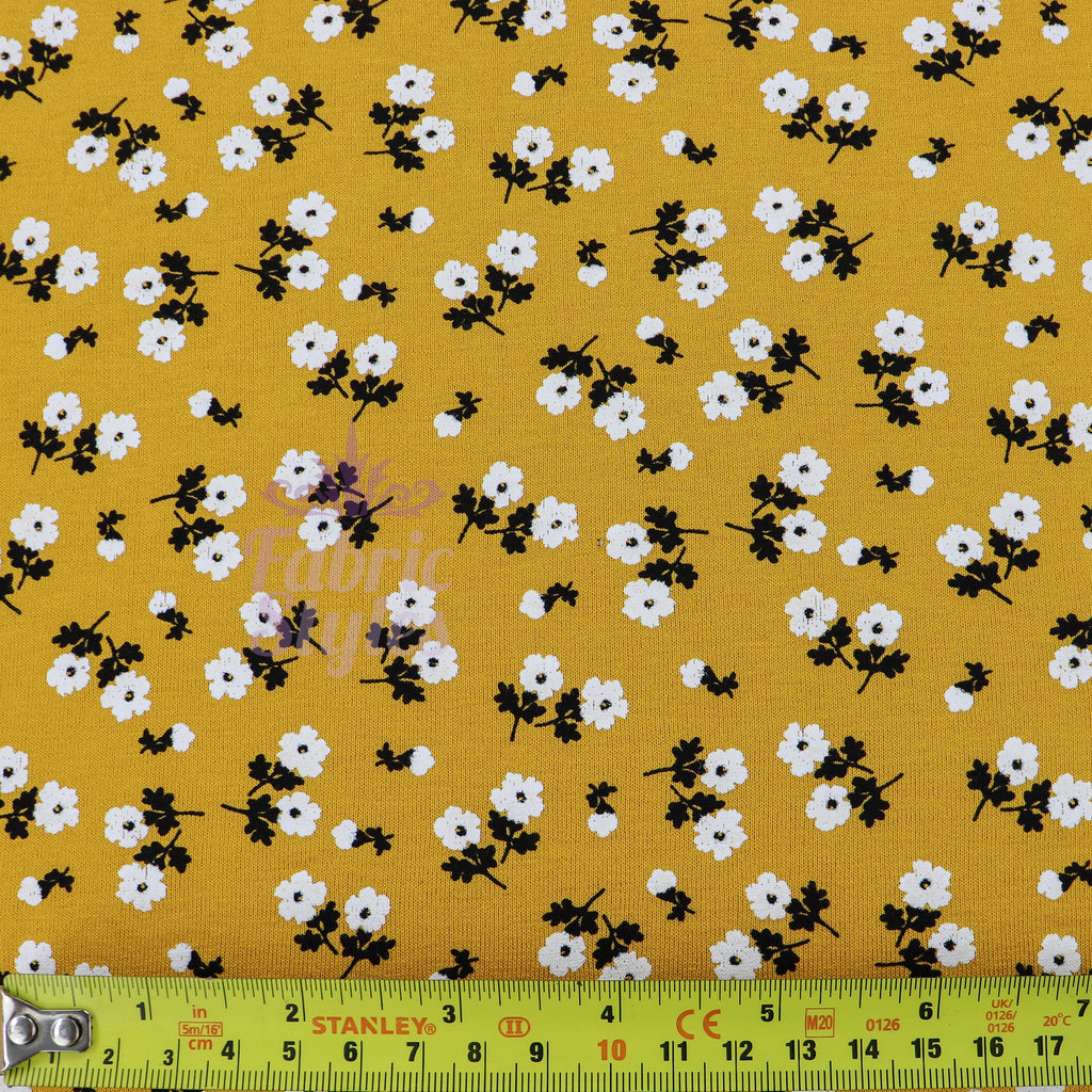 Mustard Ditsy Black White Floral Viscose Elastane Fabric