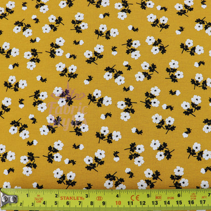 Mustard Ditsy Black White Floral Viscose Elastane Fabric