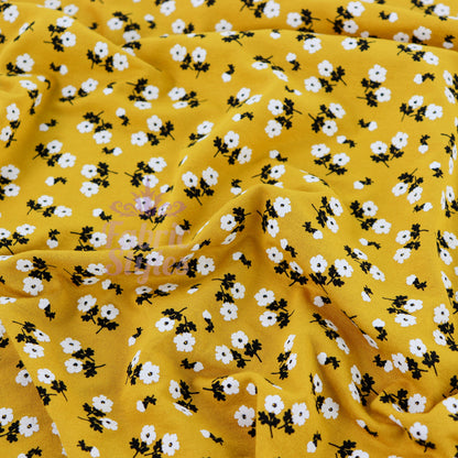 Mustard Ditsy Black White Floral Viscose Elastane Fabric