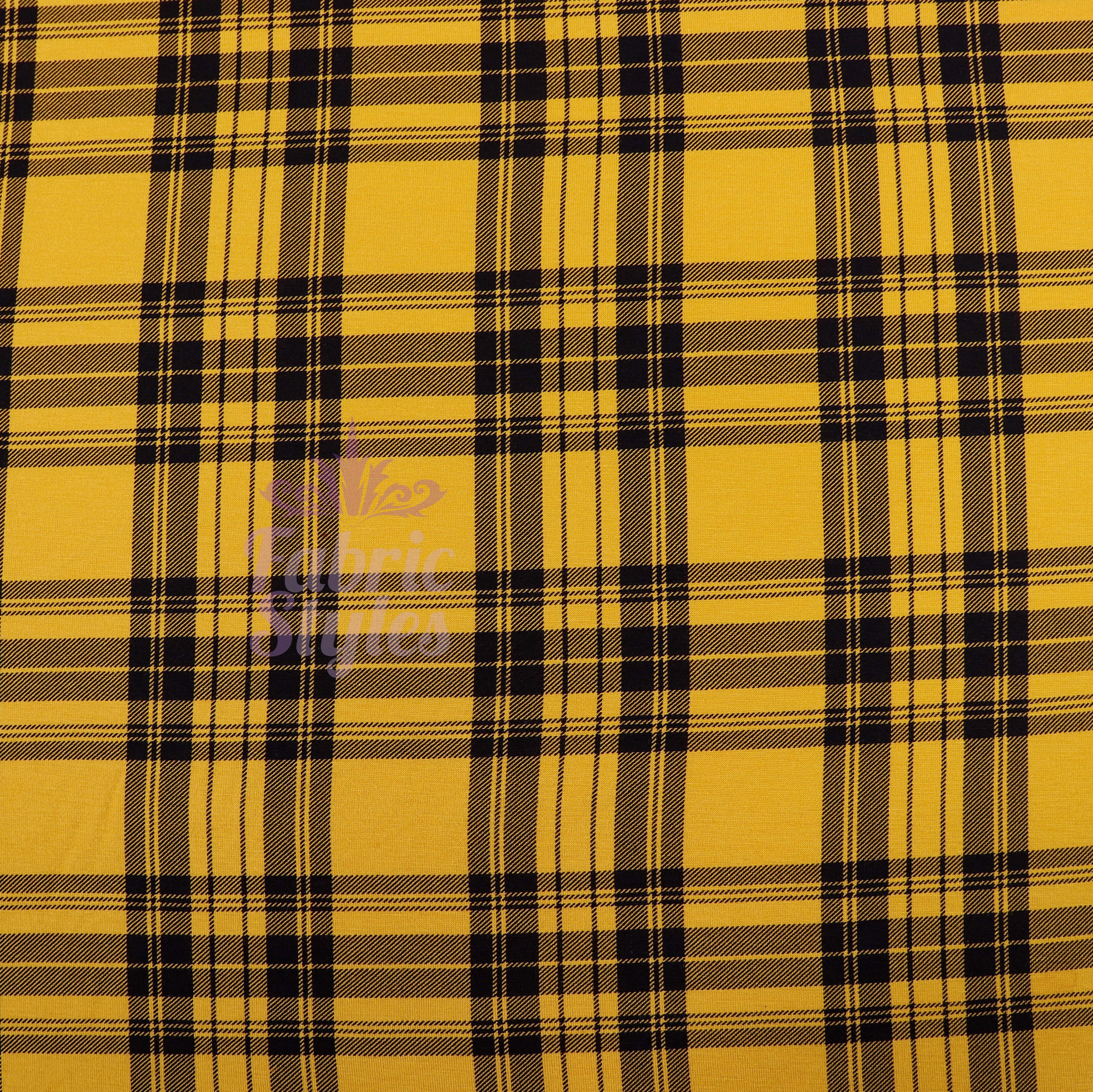 Mustard Tartan Black Plaid Check Viscose Elastane Fabric