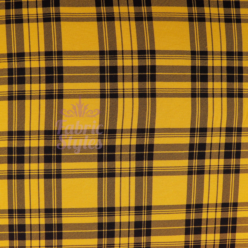 Mustard Tartan Black Plaid Check Viscose Elastane Fabric