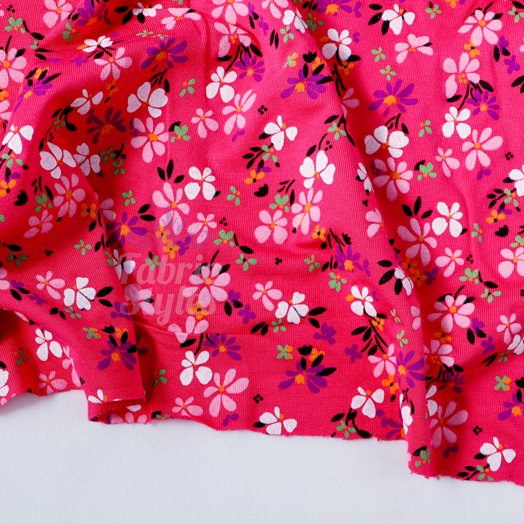 Magenta Floral Ditsy Flowers Viscose Elastane Fabric