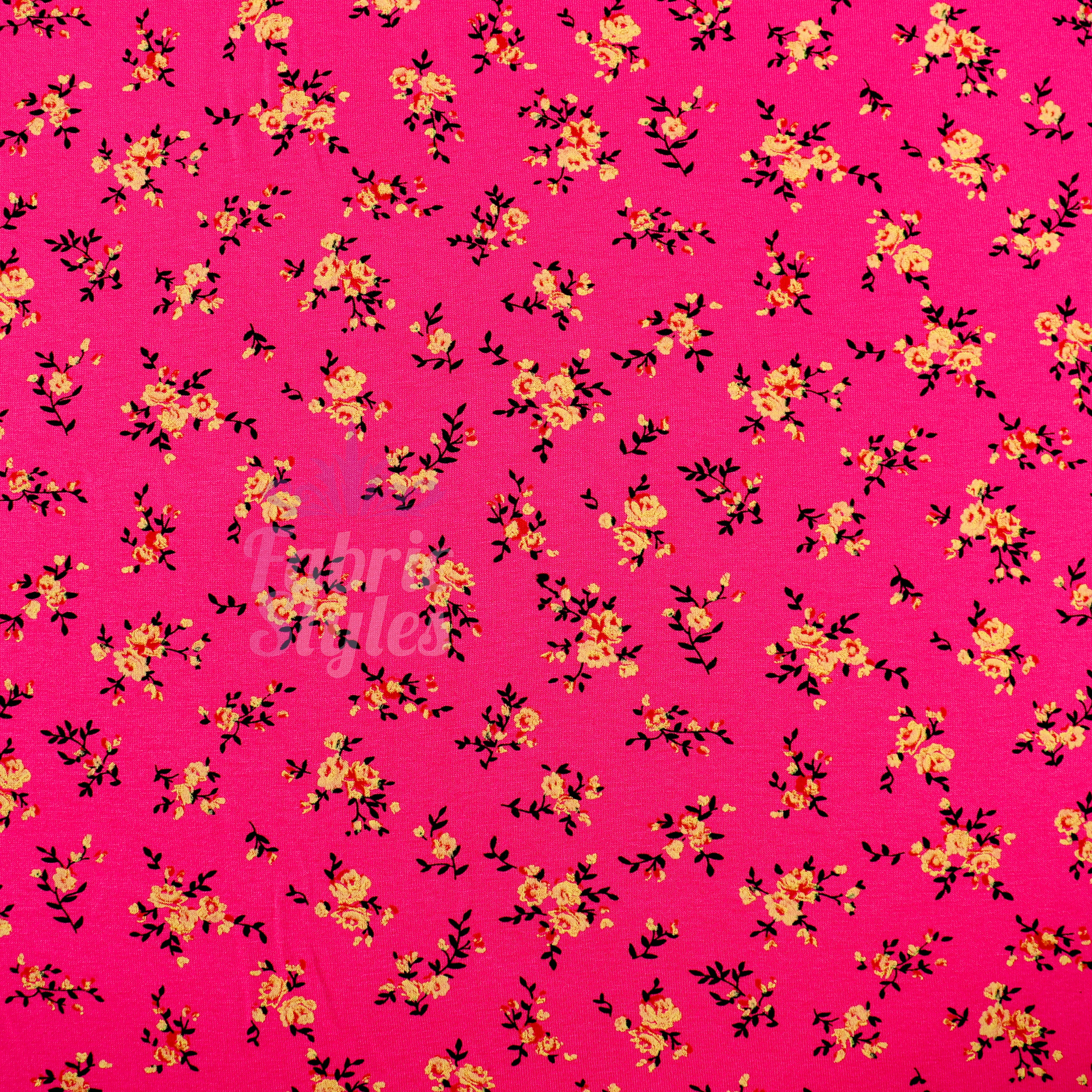 Magenta Floral Yellow Black Flowers Viscose Elastane Fabric