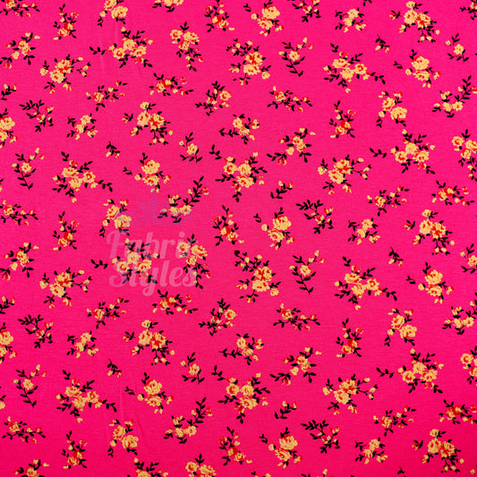 Magenta Floral Yellow Black Flowers Viscose Elastane Fabric