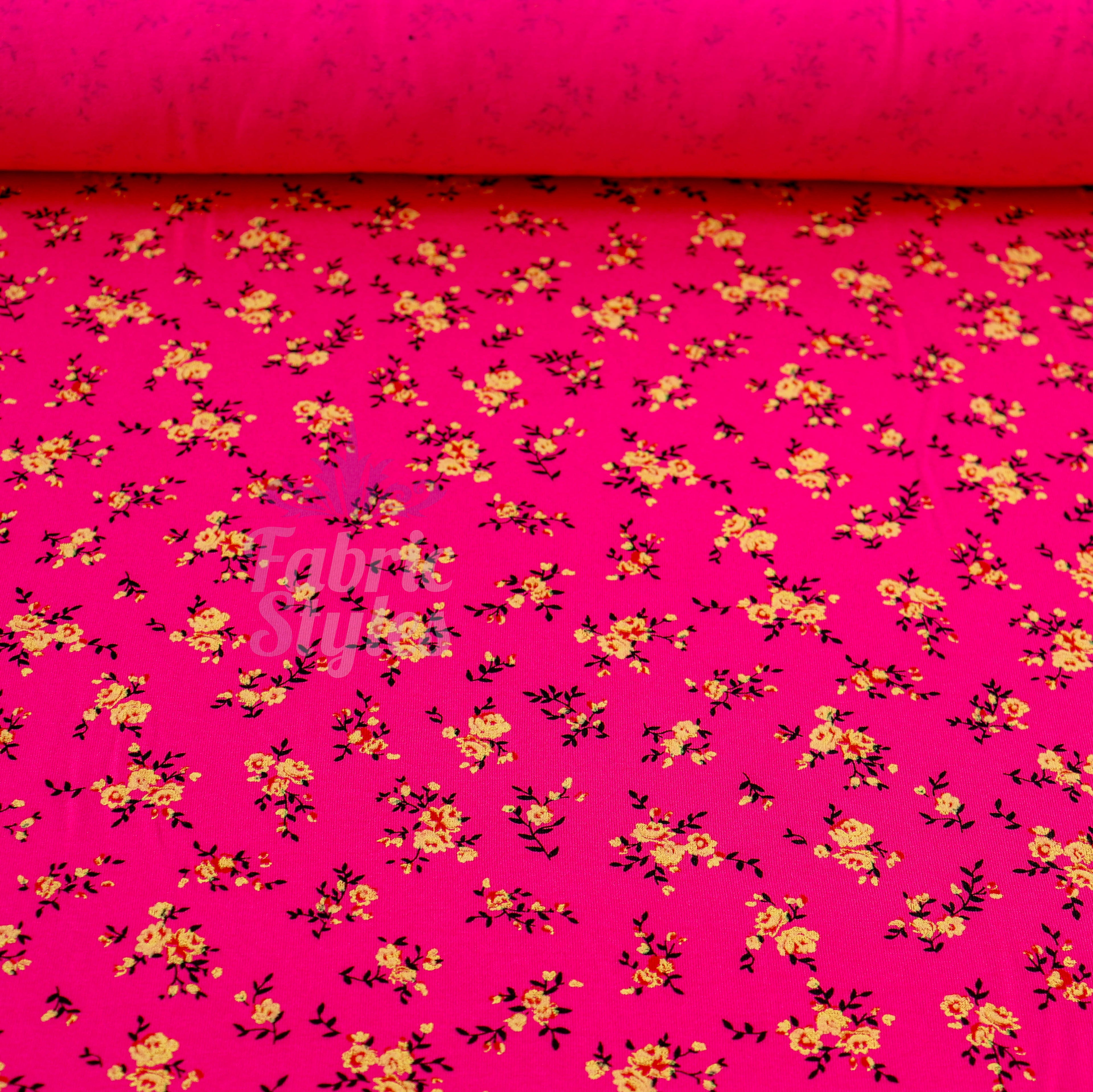 Magenta Floral Yellow Black Flowers Viscose Elastane Fabric