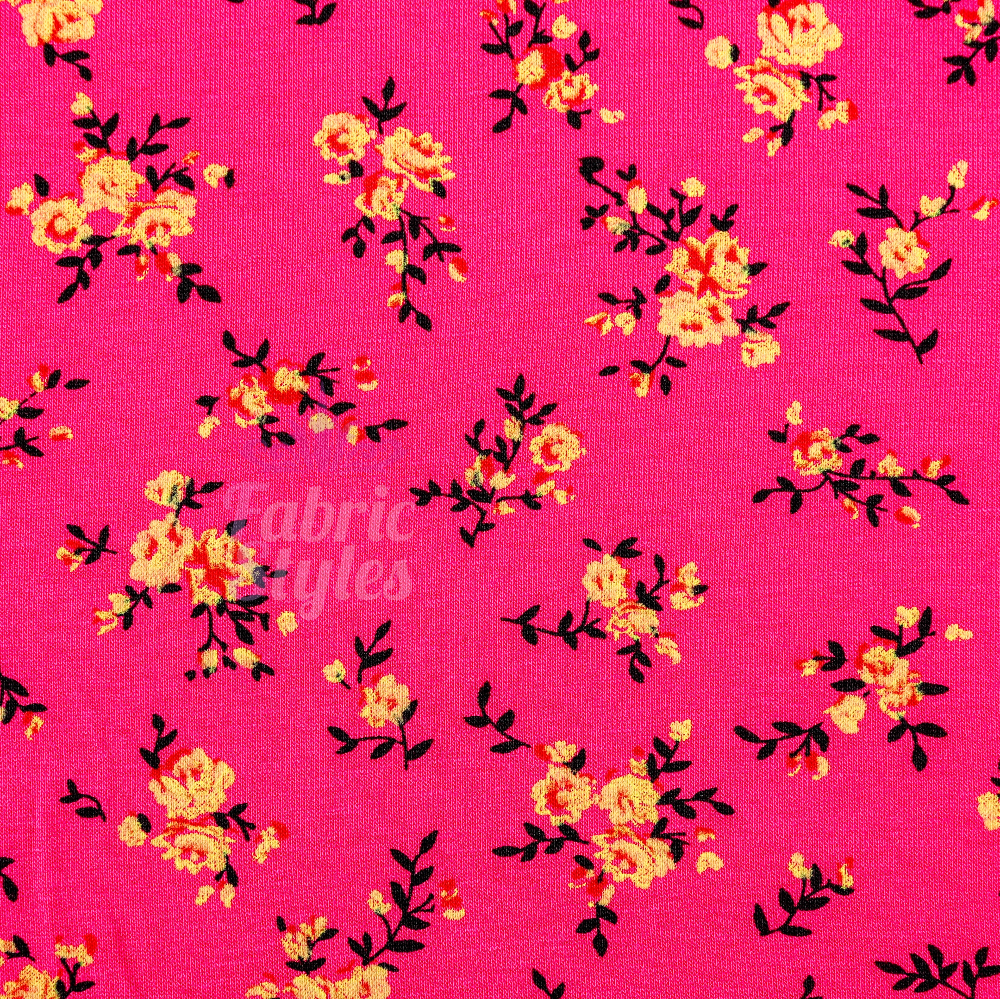 Magenta Floral Yellow Black Flowers Viscose Elastane Fabric