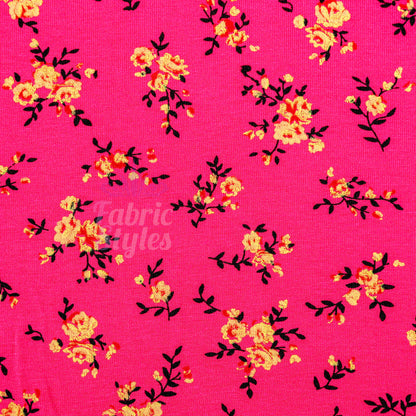 Magenta Floral Yellow Black Flowers Viscose Elastane Fabric