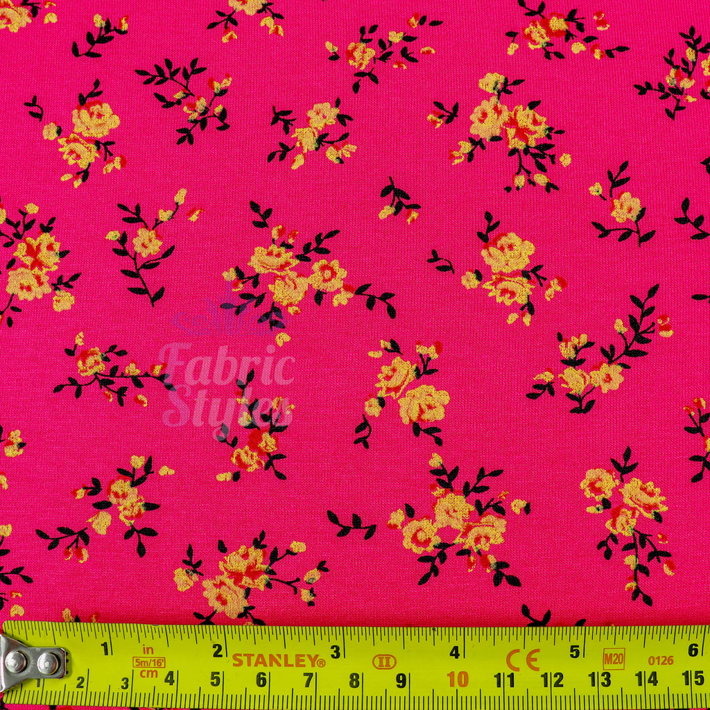 Magenta Floral Yellow Black Flowers Viscose Elastane Fabric
