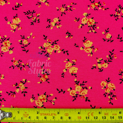 Magenta Floral Yellow Black Flowers Viscose Elastane Fabric