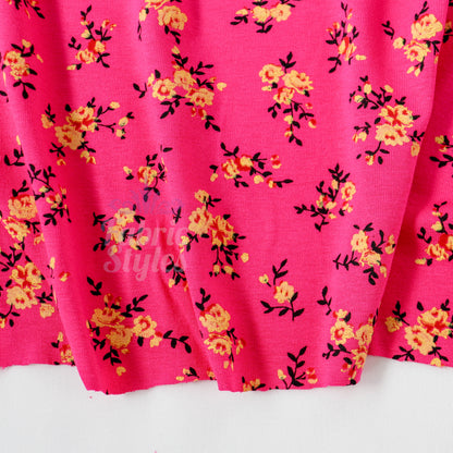 Magenta Floral Yellow Black Flowers Viscose Elastane Fabric