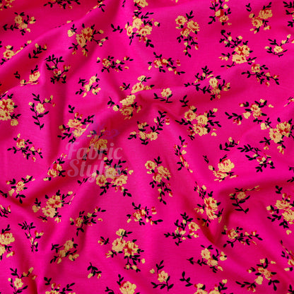 Magenta Floral Yellow Black Flowers Viscose Elastane Fabric