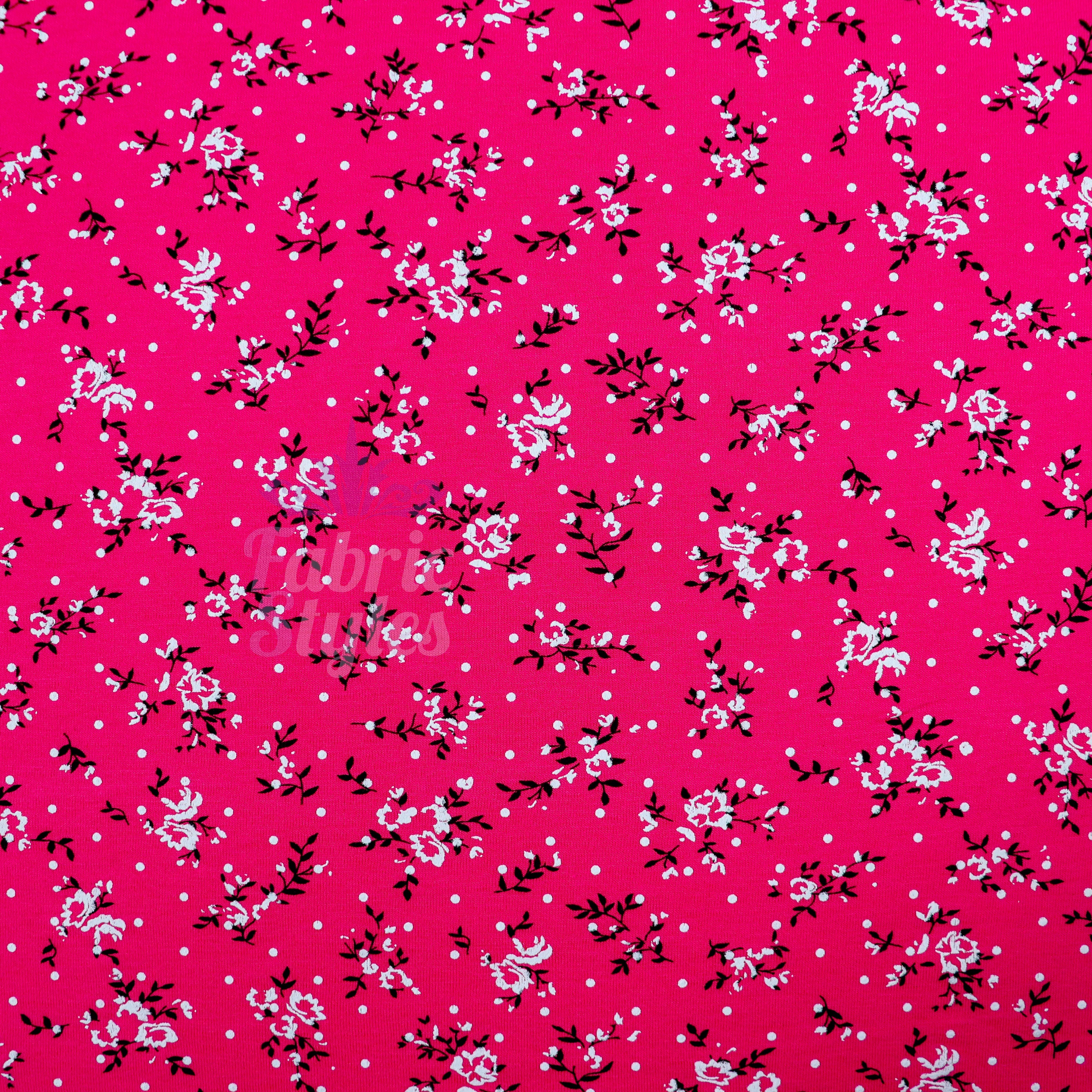 Pink Floral Black Polka Dot Viscose Elastane Fabric