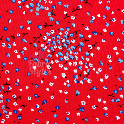 Red Ditsy Blue White Viscose Elastane Fabric