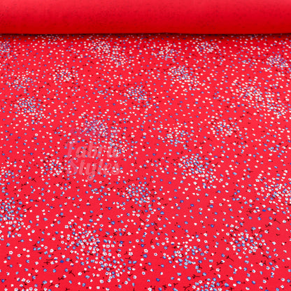 Red Ditsy Blue White Viscose Elastane Fabric