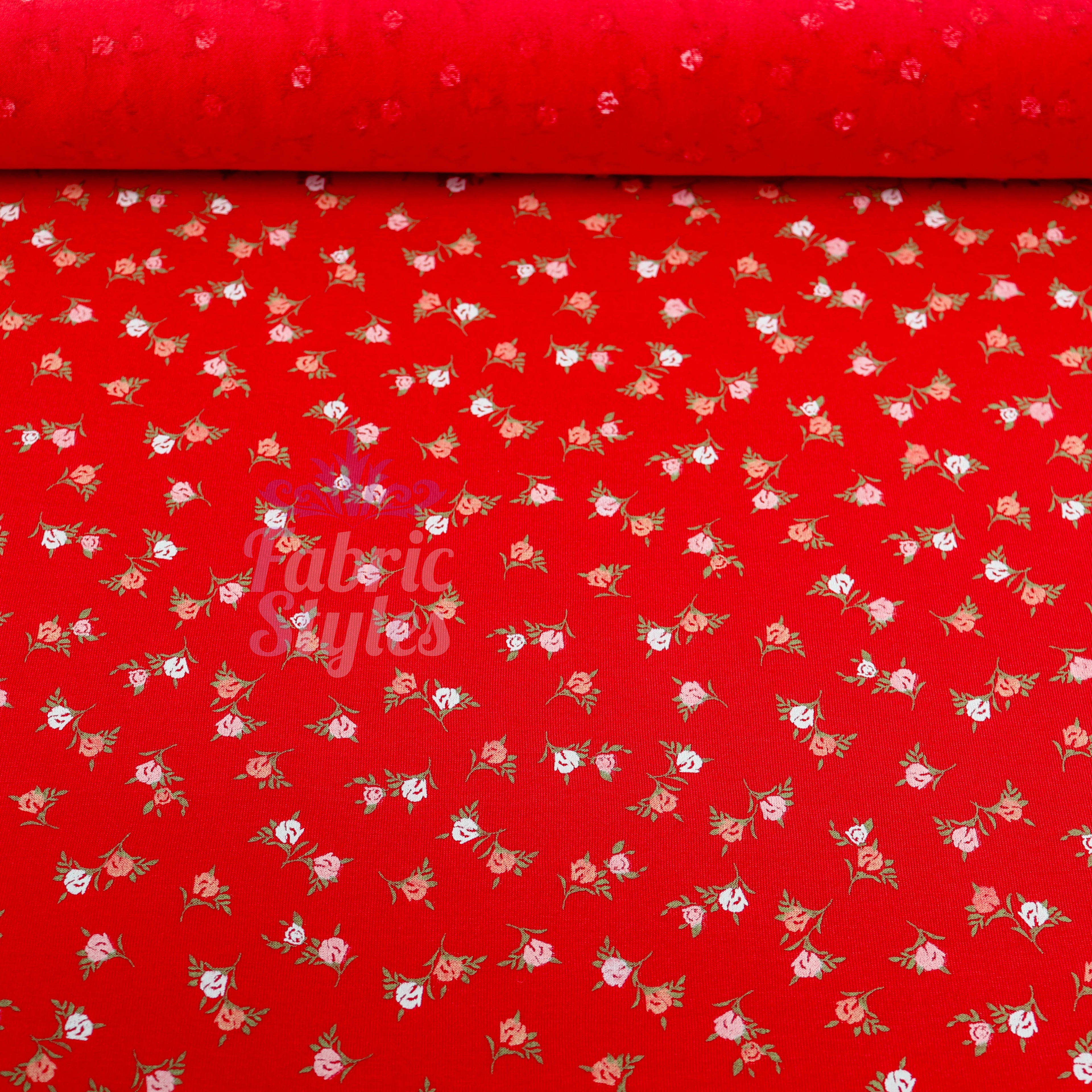 Red Ditsy Pink White Viscose Elastane Fabric
