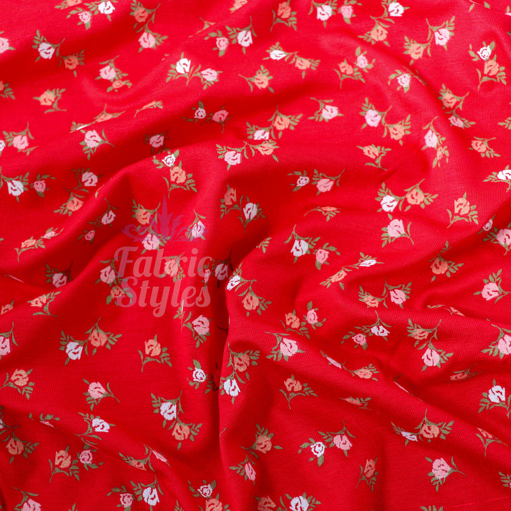 Red Ditsy Pink White Viscose Elastane Fabric