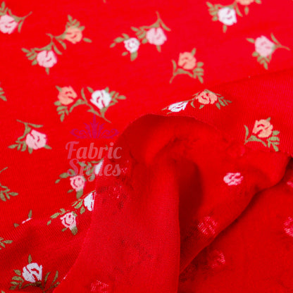 Red Ditsy Pink White Viscose Elastane Fabric