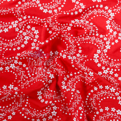 Red Swirl Floral Viscose Elastane Fabric