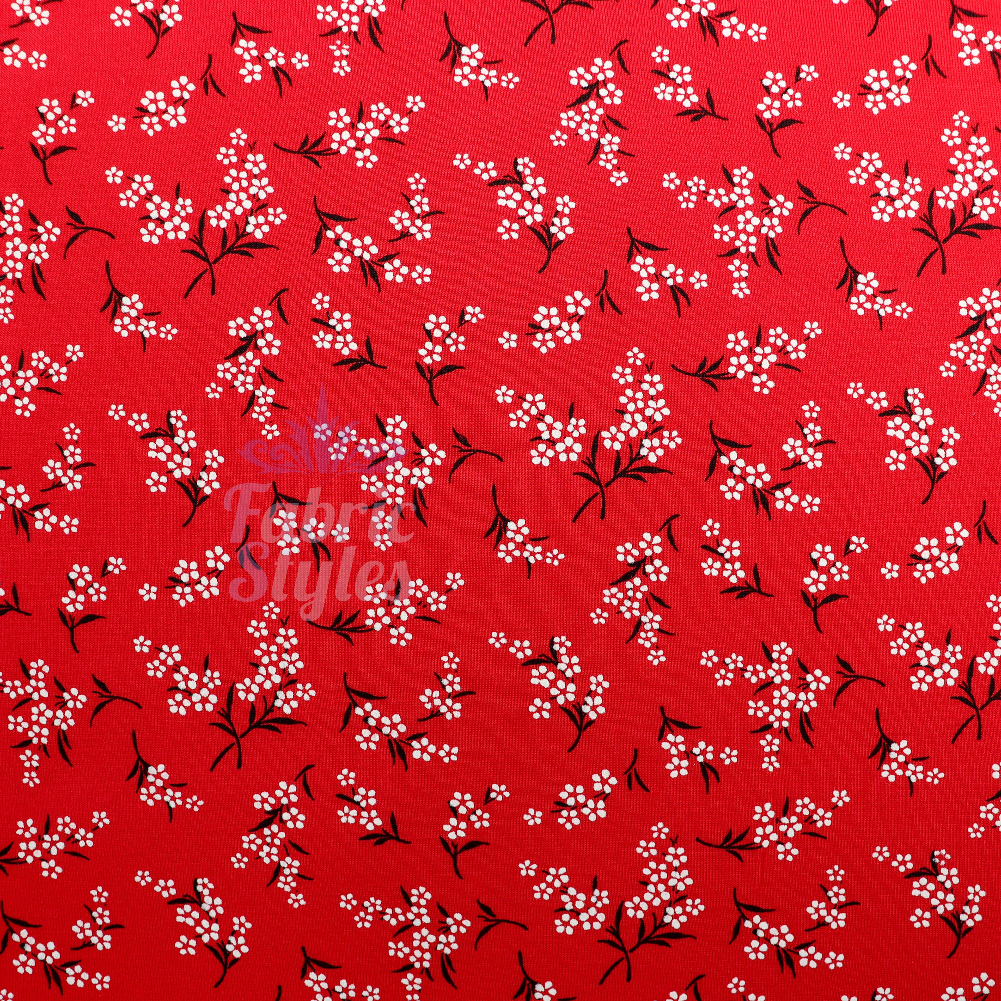 Red Bouquet Black White Floral Viscose Elastane Fabric