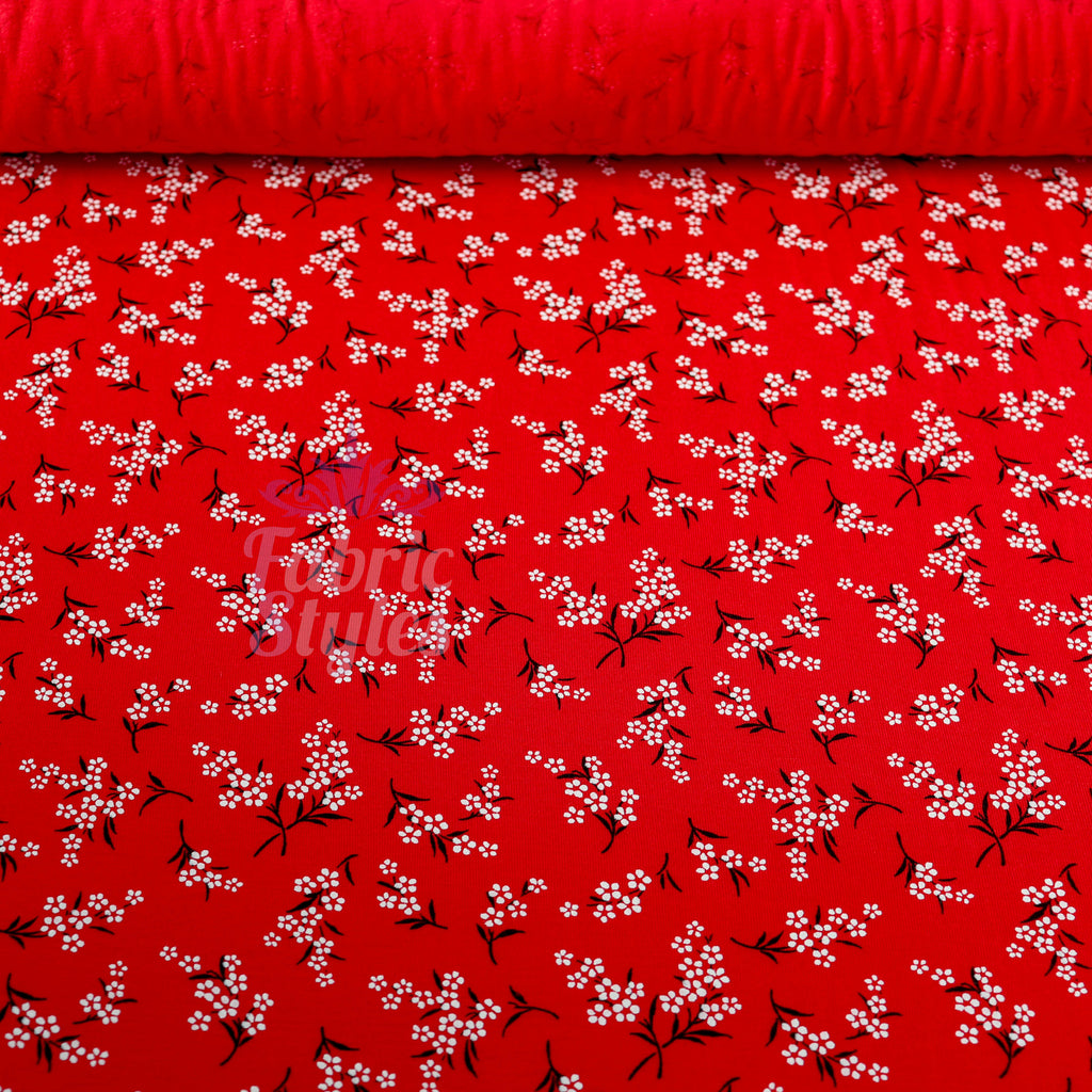Red Bouquet Black White Floral Viscose Elastane Fabric