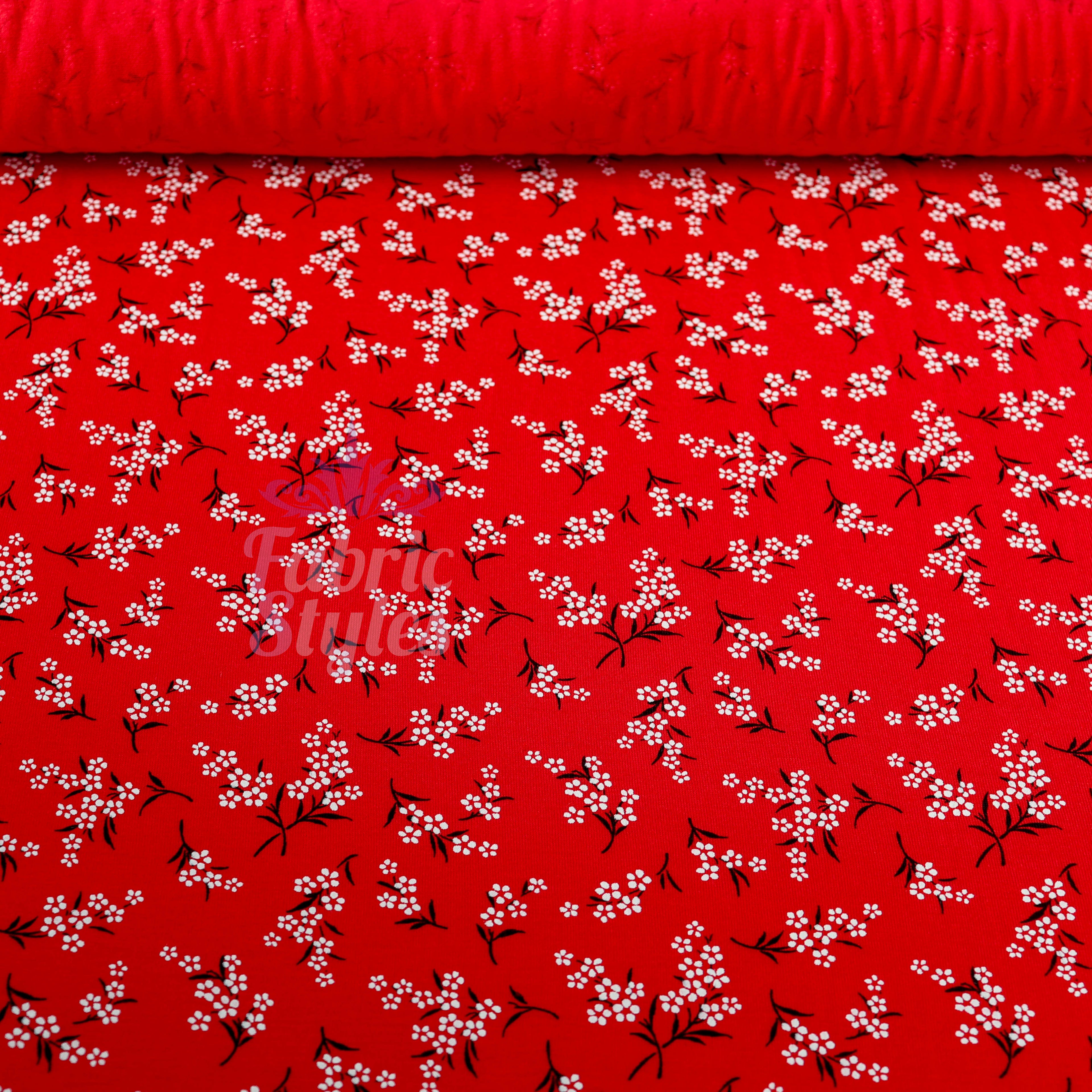 Red Bouquet Black White Floral Viscose Elastane Fabric