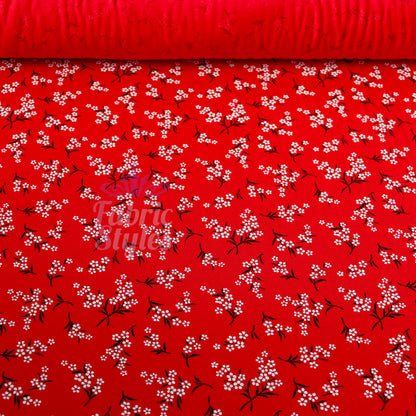 Red Bouquet Black White Floral Viscose Elastane Fabric