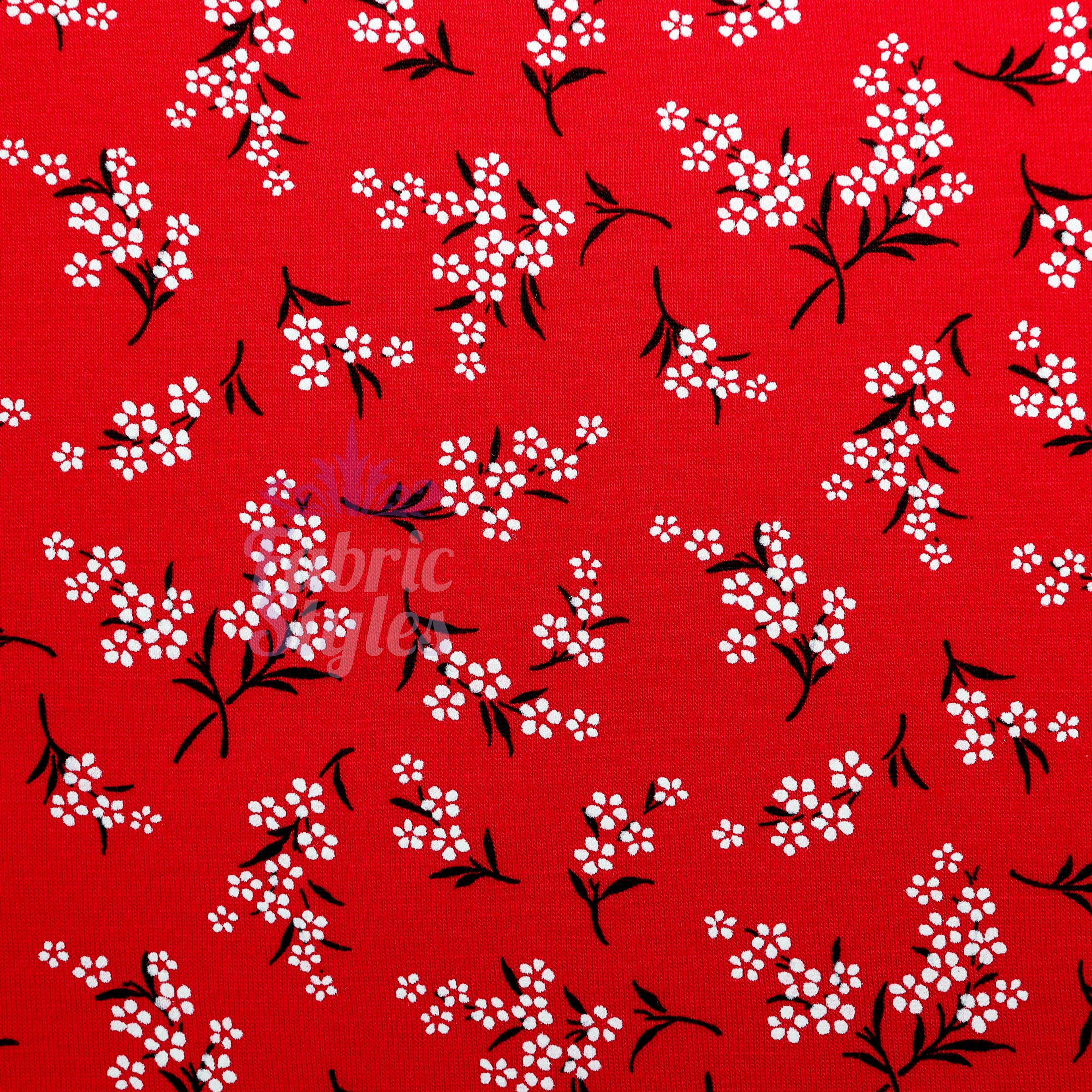 Red Bouquet Black White Floral Viscose Elastane Fabric