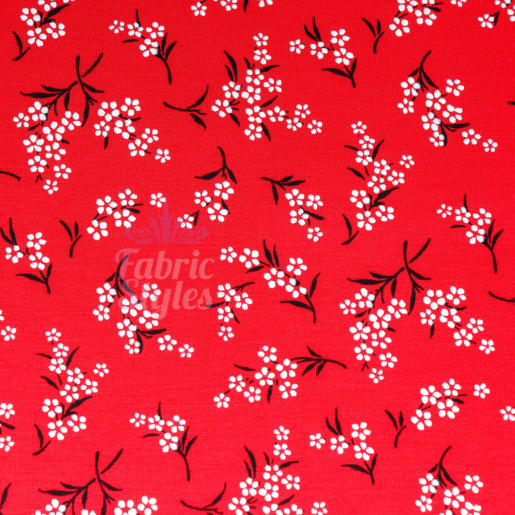 Red Bouquet Black White Floral Viscose Elastane Fabric