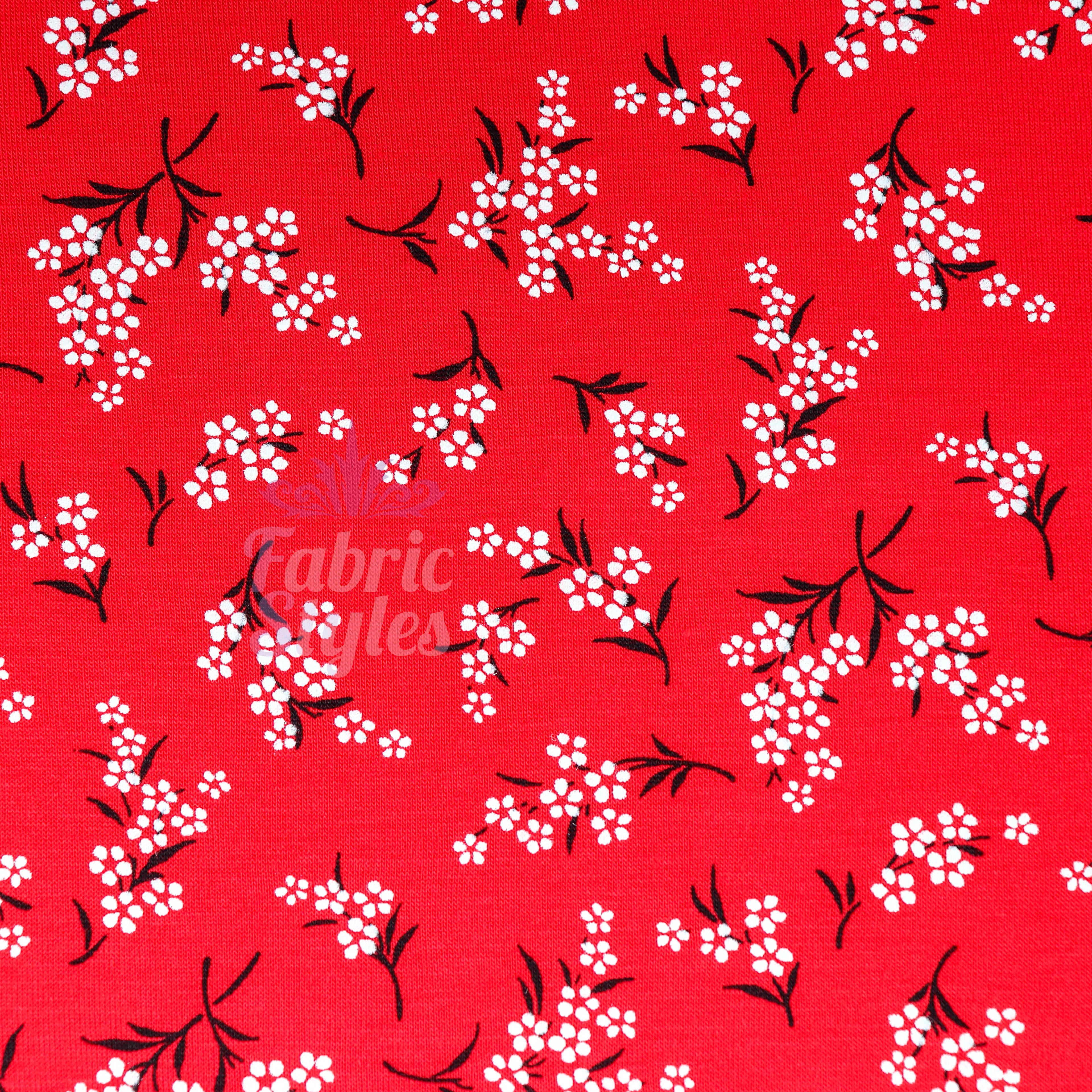 Red Bouquet Black White Floral Viscose Elastane Fabric