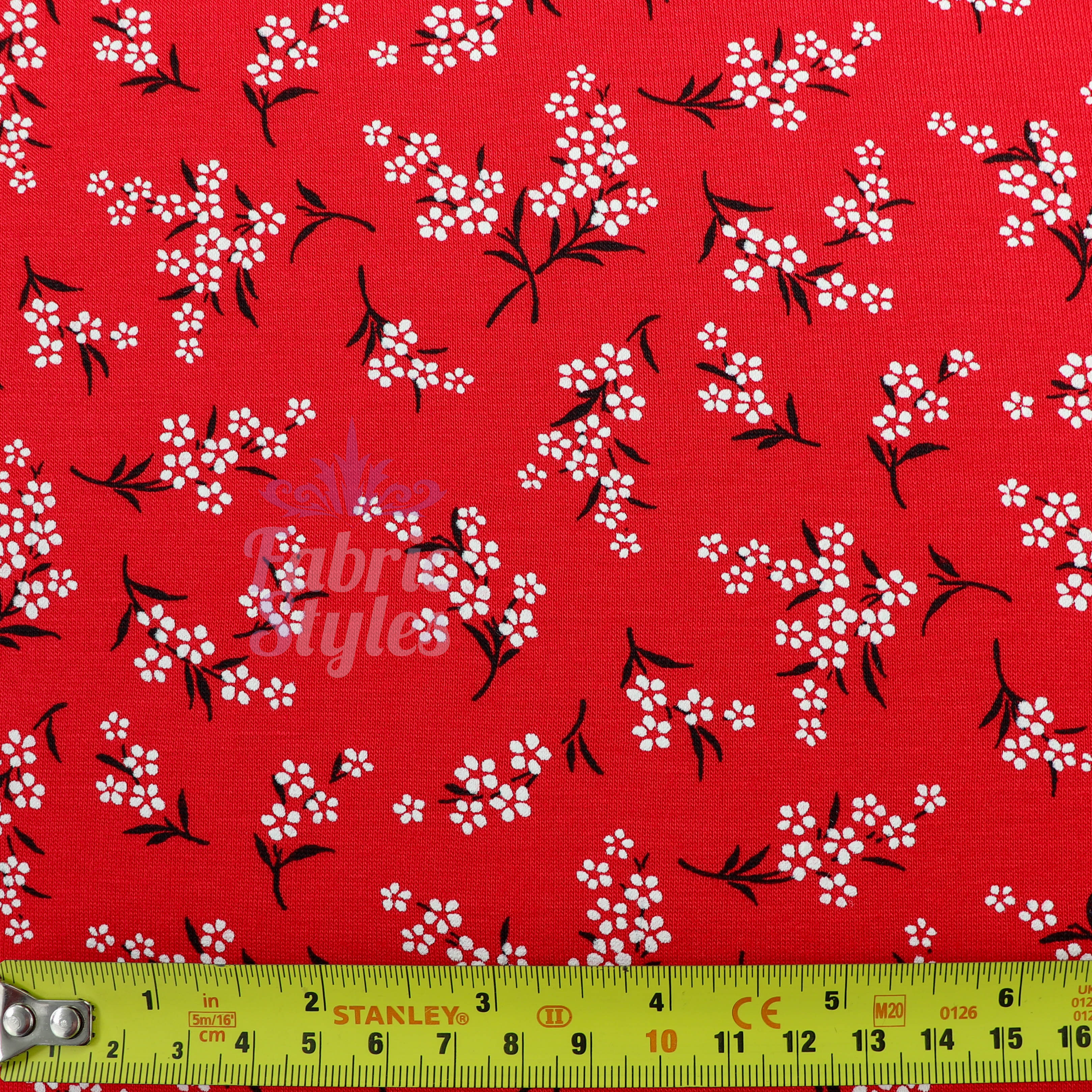 Red Bouquet Black White Floral Viscose Elastane Fabric