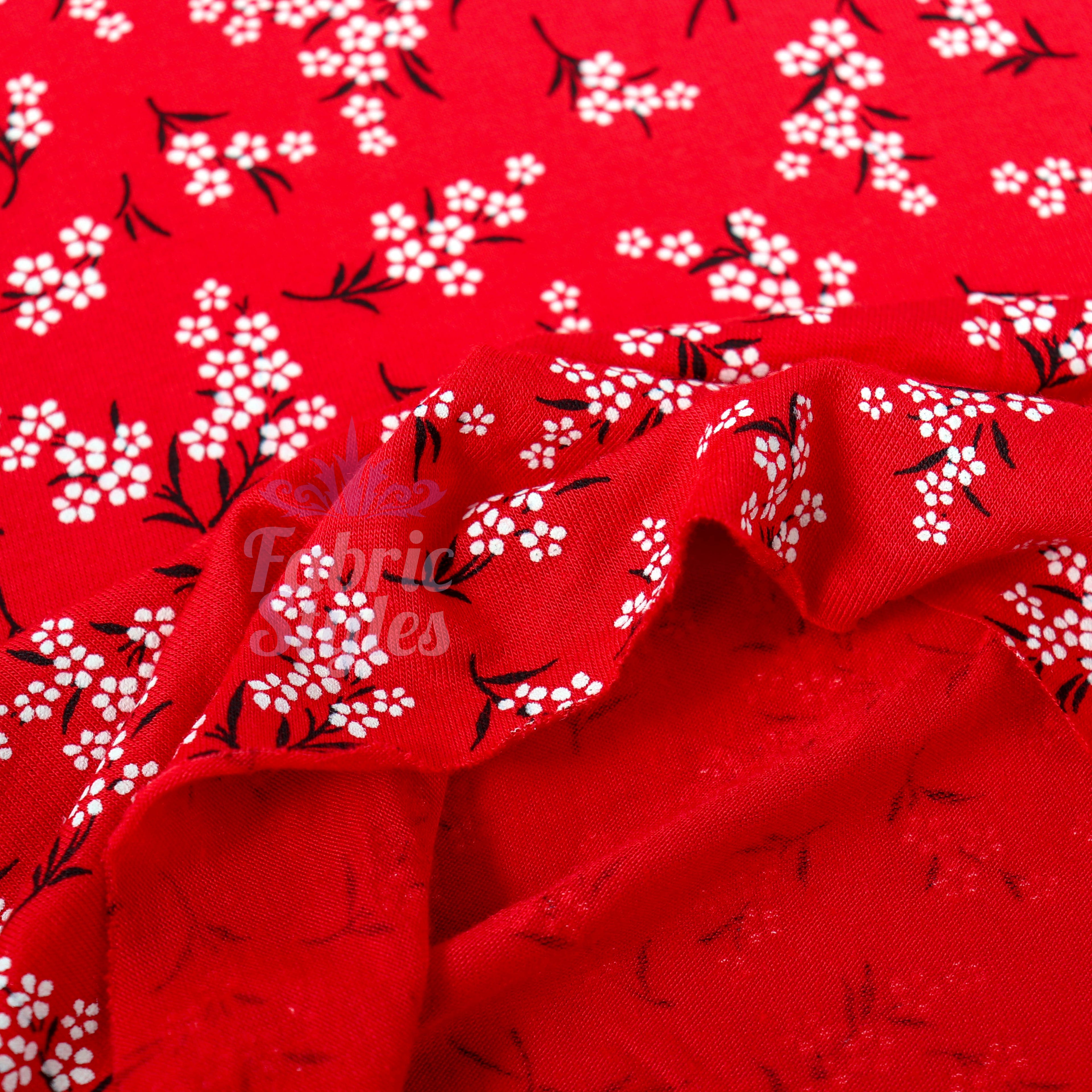 Red Bouquet Black White Floral Viscose Elastane Fabric