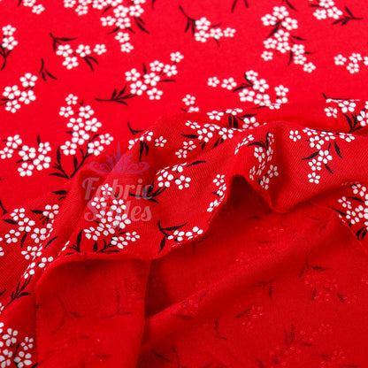 Red Bouquet Black White Floral Viscose Elastane Fabric