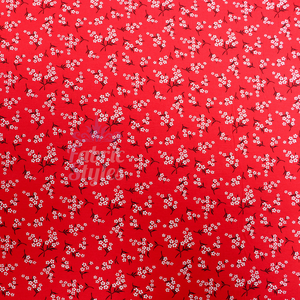 Red Bouquet Black White Floral Viscose Elastane Fabric