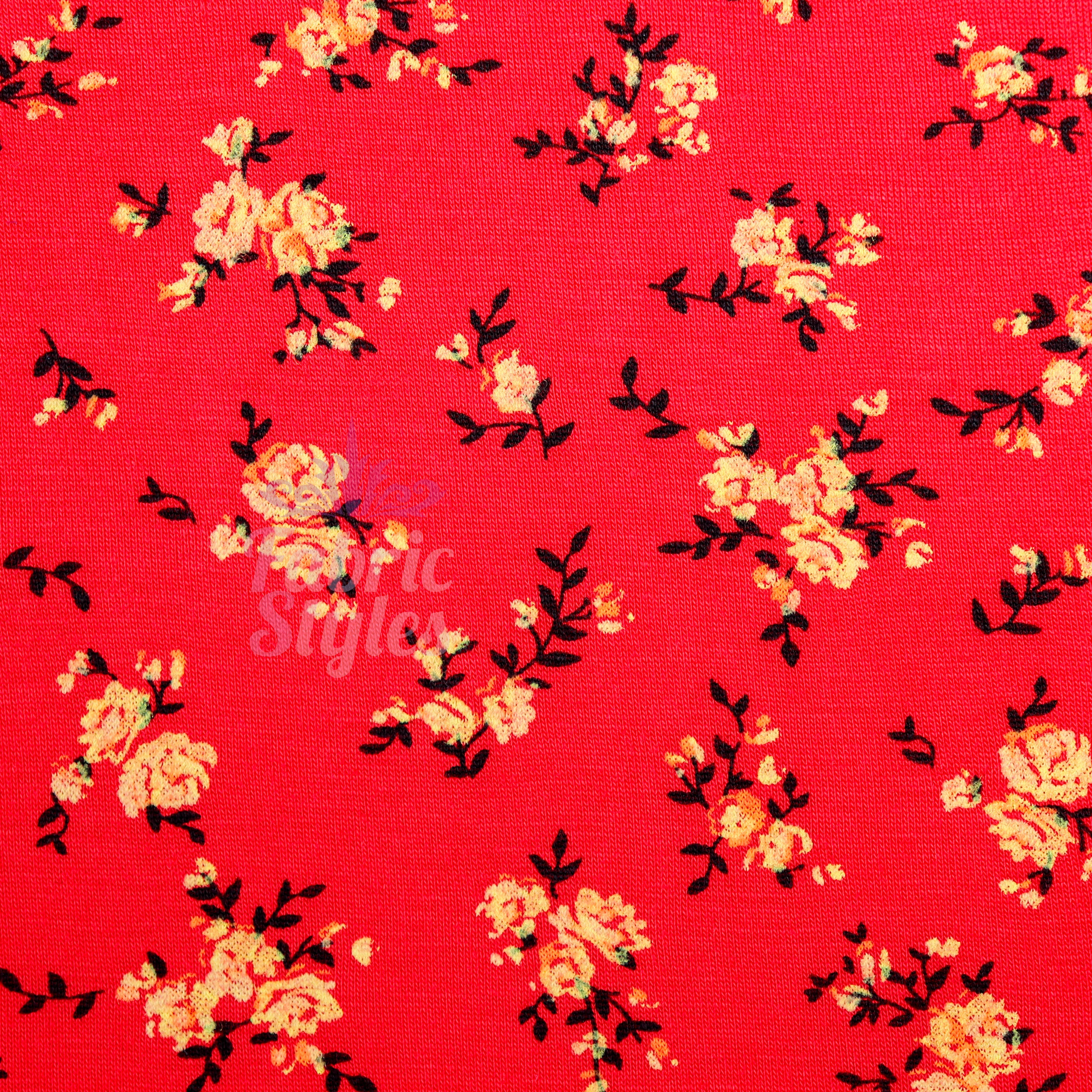 Red Floral Viscose Elastane Fabric