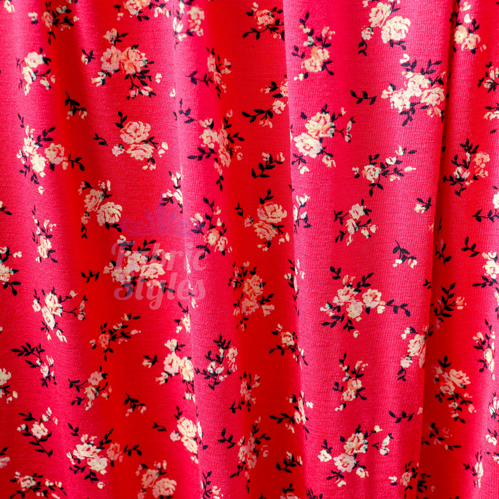 Red Floral Viscose Elastane Fabric