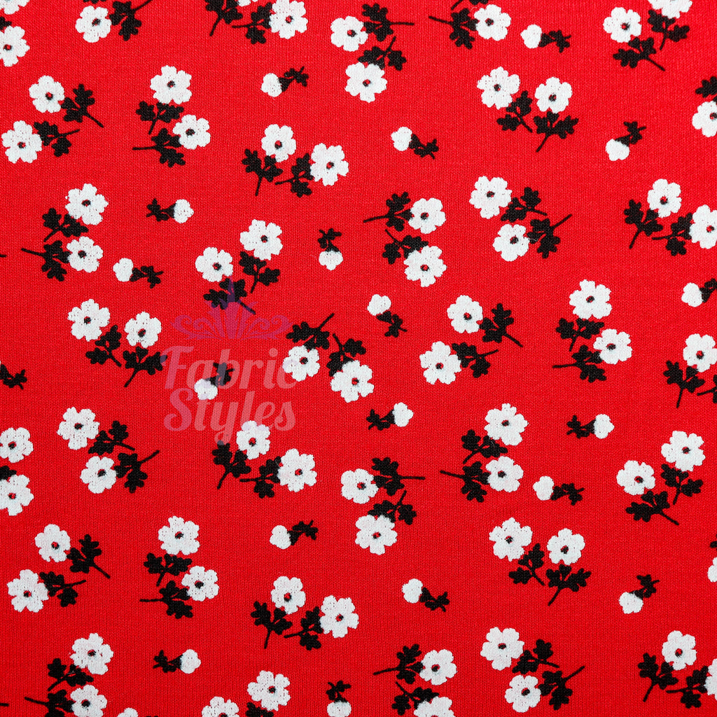 Red Ditsy Black White Viscose Elastane Fabric