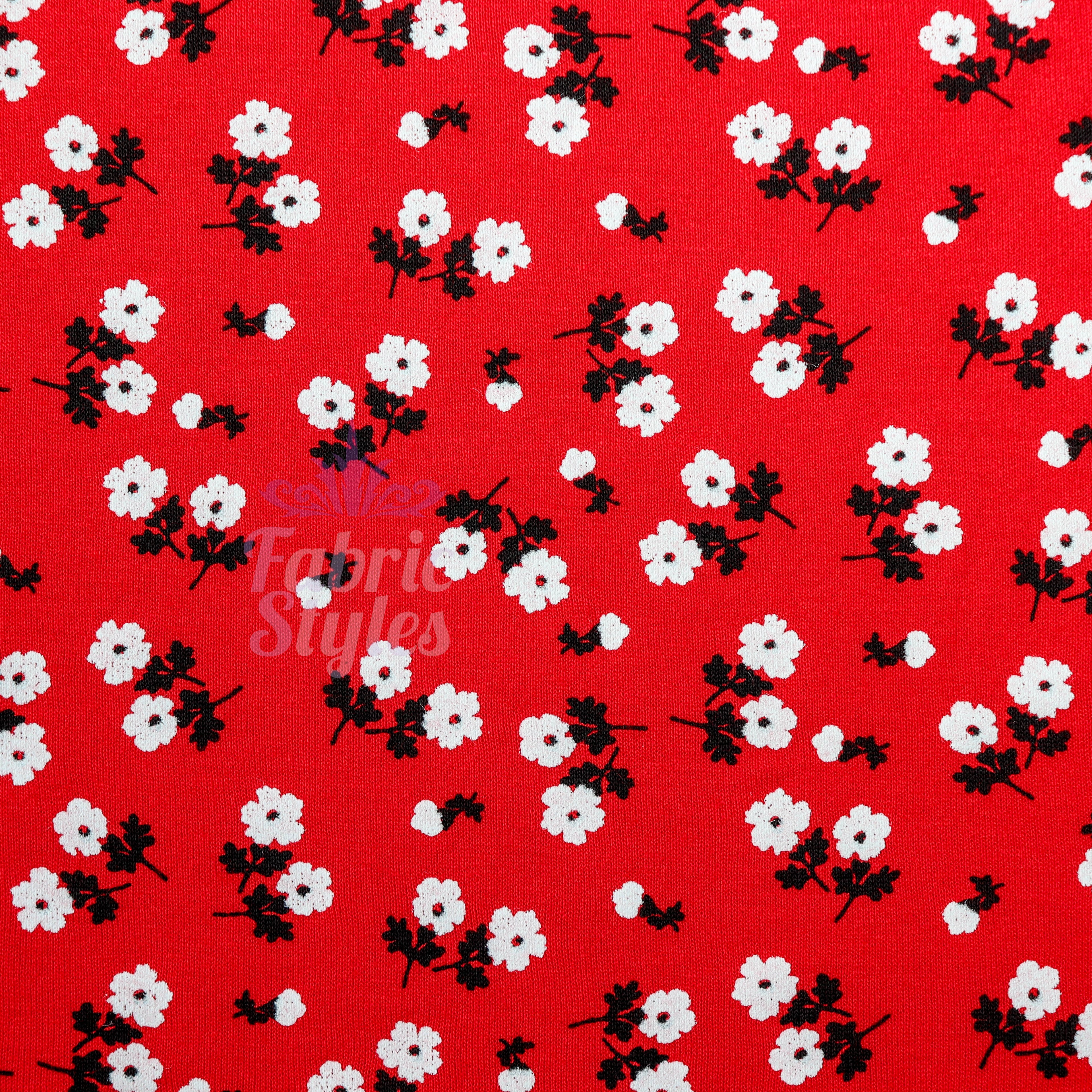 Red Ditsy Black White Viscose Elastane Fabric