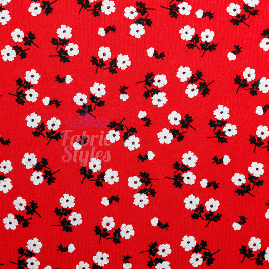 Red Ditsy Black White Viscose Elastane Fabric